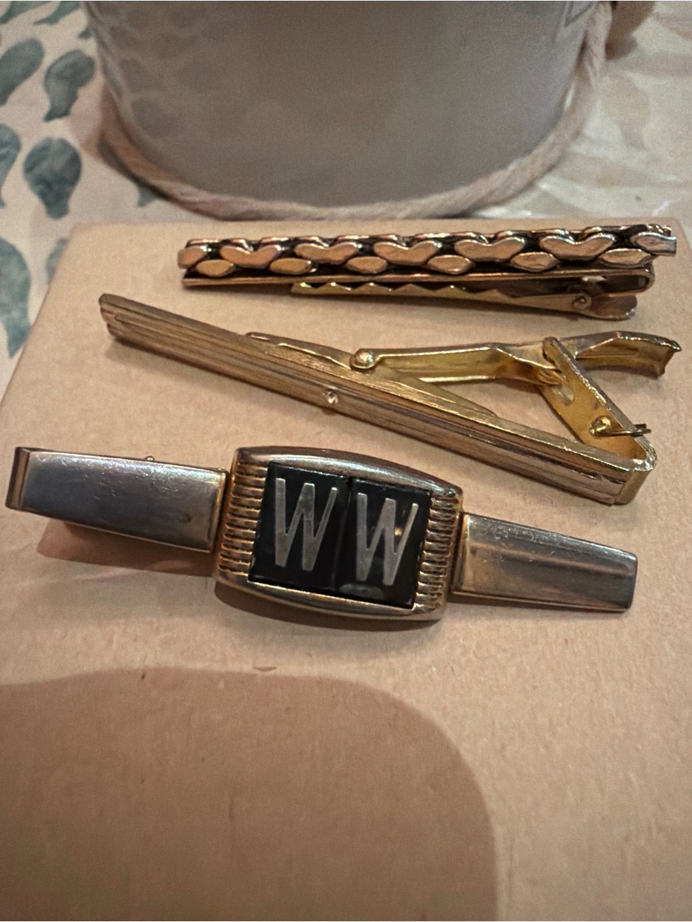 Vintage Mid Century Tie Clip Lot Set of 3 Gold Tone Monogram